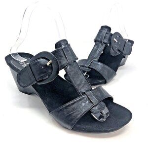 Lena Luisa Sandals Womens 8.5 Black Faux Leather Wedge High Heel T Strap Buckle